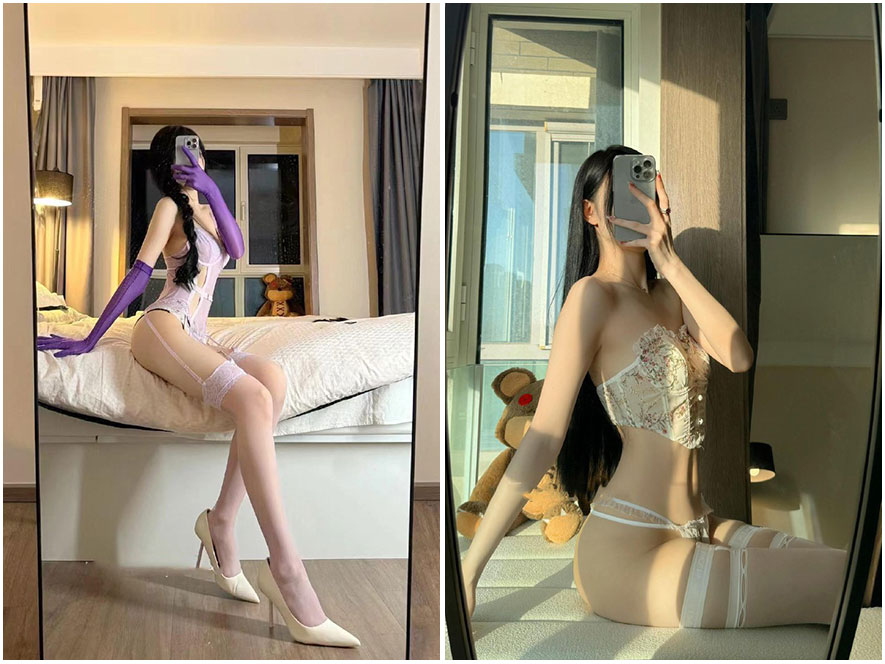 唐十七对着镜子自拍，展示精致妆容和优越身材曲线的对镜照